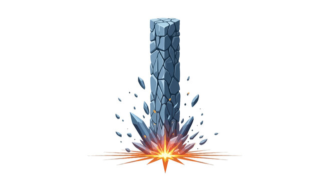 Exploding blue stone pillar with fragments and sparks on white background destruction concept