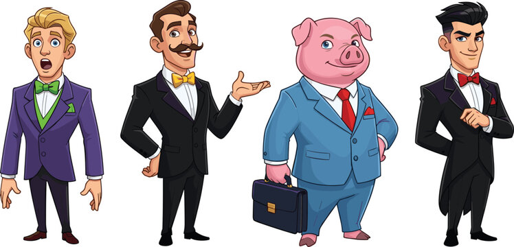 Business Character Set with Cartoon Men and Anthropomorphic Pig in Formal Suits for Corporate, Office, and Professional Illustration Design
