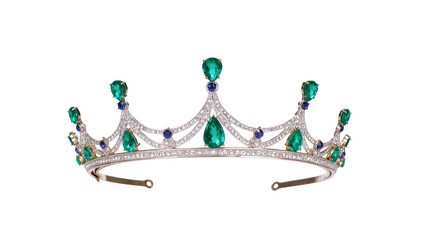 Ornate silver tiara adorned with sparkling emerald gemstones and sapphire accents, isolated on transparent background for luxury branding designs © Bogdan