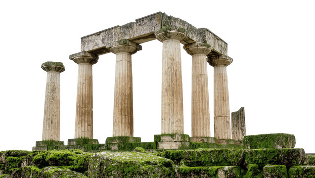 Ancient weathered Greek temple ruins with fluted Doric columns and mossy stone base, isolated on transparent background for historical design elements