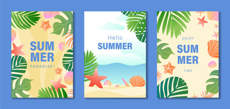 Hello summer paradise tropical poster vector set with beach, ocean waves, sandy shore, palm leaves, monstera foliage, seashells and starfish. Bright seasonal wall art for home decor, print and poster 