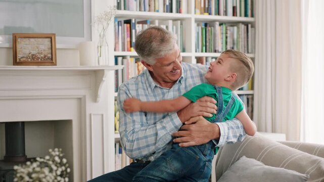 Senior man, child and jumping at house with energy, playful fun and bonding together. Smile, grandfather and catching kid with support, visit grandparent and babysitting grandchild for weekend break