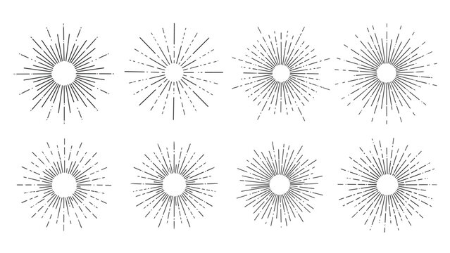 Set of eight black hand-drawn sunburst or starburst sketches in circular shapes on a white background for graphic design.