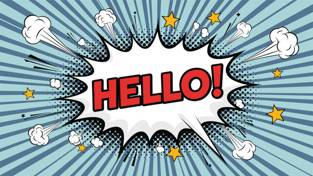 Word hello designed in bright red with a retro pop art comic book style featuring explosions and stars on blue sunburst.