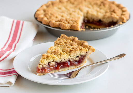 A slice of cherry pie on a white plate with a fork and a pie in the background