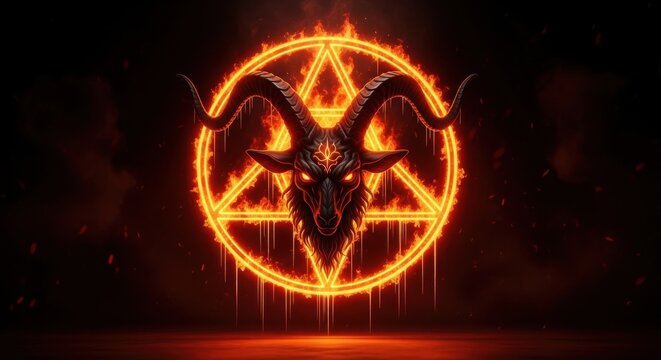 Fiery goat head with glowing pentagram symbol on dark background