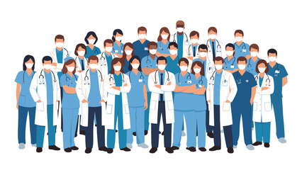 Obraz premium Large group of diverse male and female healthcare workers including doctors and nurses wearing protective face masks and uniforms on white.