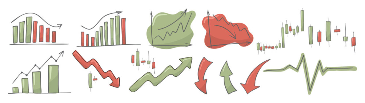 Stock market icons set bull market bear market charts, upward downward trend arrows for financial business trading and investment concepts arrow up and down, growing graph, business chart icons
