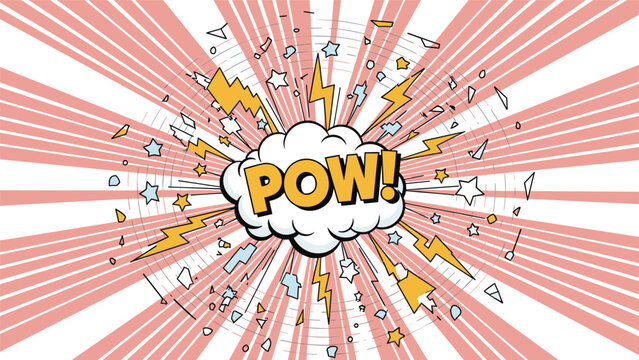 Energetic comic book style pow text bubble with explosive clouds lightning bolts and stars on a vibrant pink and white sunburst background.