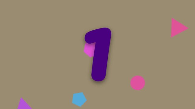 A playful colorful countdown timer from five to one with floating geometric shapes