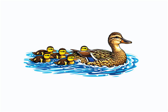 Mother mallard and her ducklings swimming vector illustration