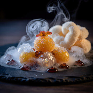 Avant-Garde Molecular Gastronomy Dessert: Citrus Spherification with Frozen Nitrogen Foam Clouds and Dramatic Smoke Effect on Slate