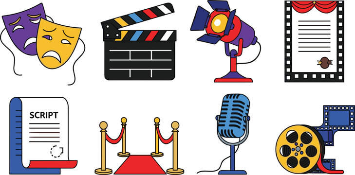 Film and Theater Production Icon Set with Clapperboard, Script, Stage Masks, Spotlight, Microphone, Red Carpet and Movie Reel Illustration
