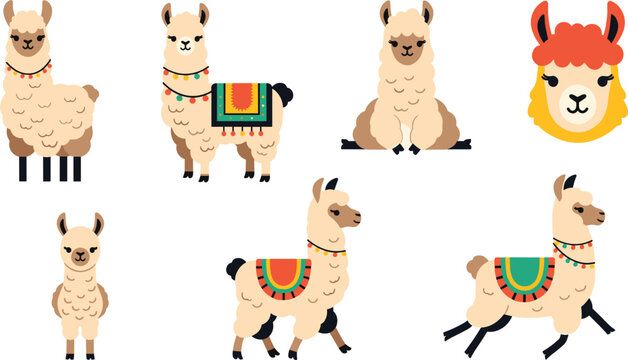 Cute Llama and Alpaca Cartoon Icon Set with Adorable Farm Animals, Decorative Blankets and Funny Character Illustration Collection