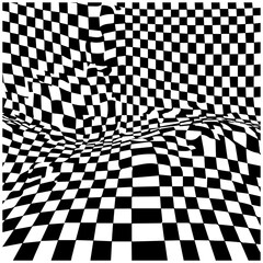 Obraz premium Black and white checkered pattern with warped alternating squares creating optical illusion on floor and walls