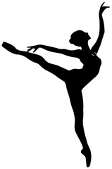Fototapeta premium Ballet dancer in arabesque position with one leg extended black silhouette on white background elegant and dynamic pose
