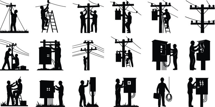Black silhouette illustrations of professional electricians and linemen performing maintenance on electrical power poles, utility lines, and outdoor control boxes for energy infrastructure.