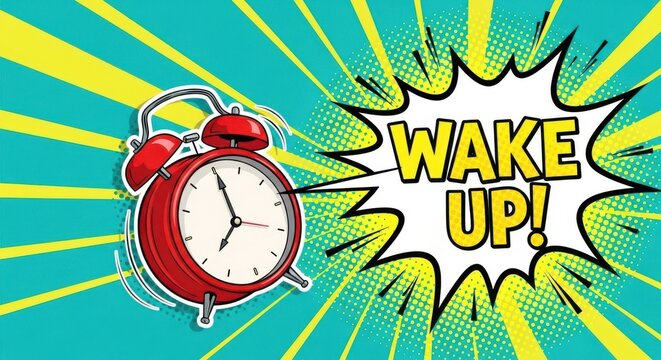 Vibrant pop art alarm clock ringing loudly with wake up message