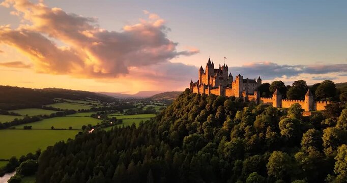 Aerial view of a medieval castle on a forest hilltop at sunset