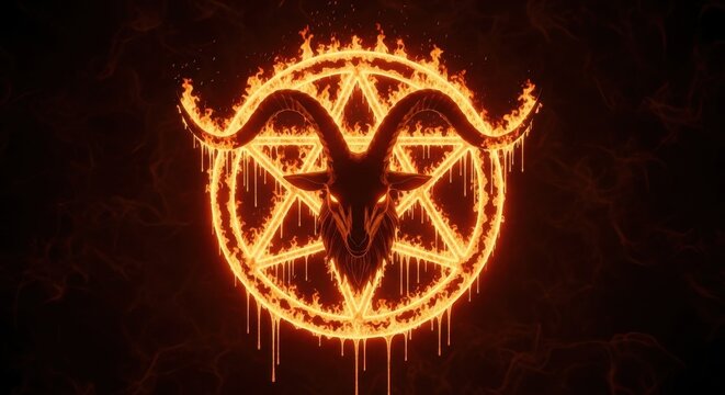 Flaming pentagram with goat head symbol in dark background