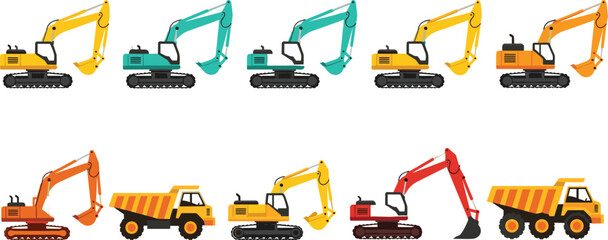 Construction heavy machinery set featuring colorful excavator icons and dump trucks for earth moving building site and civil engineering projects isolated on white background. © MstLata