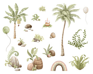 Fototapeta premium Watercolor set with palm tree, delicate plants, banana palm, cute rainbow, decorative stones and balls. Perfect hand-drawn collection for design childish mural, wallpaper, greeting cards or posters.
