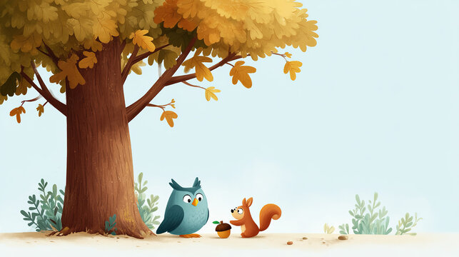 Cute owl and squirrel with an acorn under an autumn tree