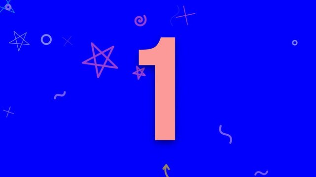 An animated colorful countdown timer from 5 to 1 against a blue background with floating shapes