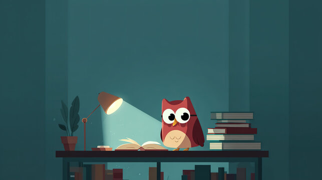 Cute cartoon owl reading a book under a desk lamp in a cozy study room