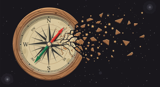 Compass breaking apart with fragments flying off into space on a starry night background