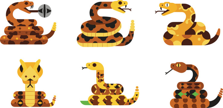 Snake Animal Character Set with Different Poses Coiled Hissing Facing and Stylized Patterns Flat Cartoon Vector Illustration Collection