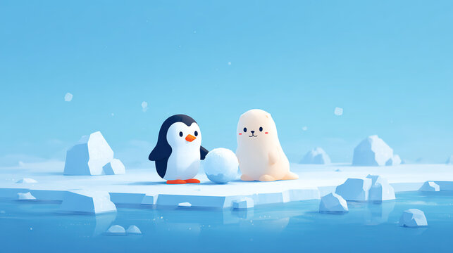 Cute cartoon penguin and seal playing with a snowball on an ice floe