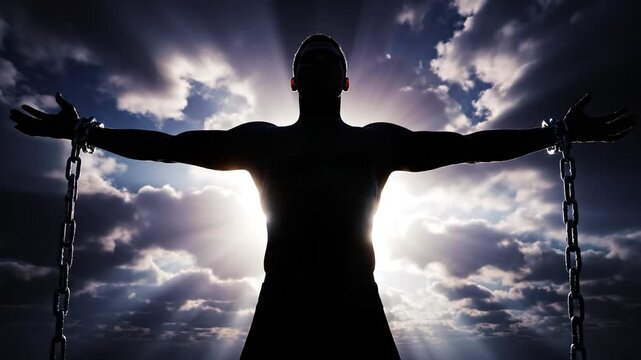 Silhouette of man with chains against sky