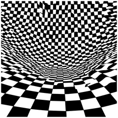 Naklejka premium Warped checkered grid pattern with distorted squares optical illusion black and white abstract background texture