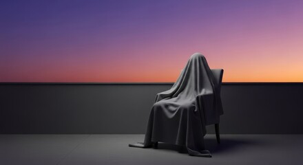 Fototapeta premium Thick gray blanket draped over a still shape on a high balcony chair at twilight, evoking isolation, mental health concerns, and gloom, still, dusk, gray