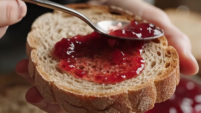 Jam being spread on bread slice