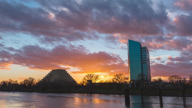 Sacramento River Timelapse of Ziggurat at Sunset 4k