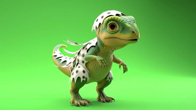 Cute Newborn Dinosaur Covered in Egg Shell Pieces Doing Happy Wiggle Animation on Chroma Key