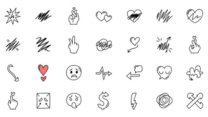Fototapeta premium Diverse collection of hand drawn doodles including hearts arrows hands and abstract shapes on white background.