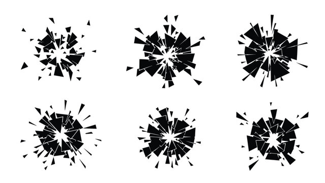 Collection of six black shattered glass or explosion patterns with sharp fragments isolated on white background.