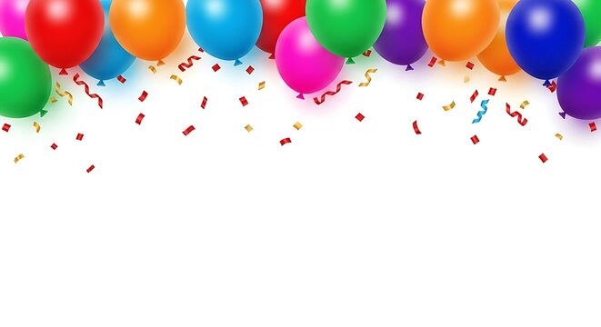 A festive border of colorful balloons and falling confetti isolated on a clean white background