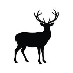Fototapeta premium Black and white deer with large antlers standing in a field silhouette vector illustration, deer with antlers in profile silhouette vector illustration