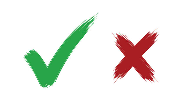 Large green check mark and red cross icons drawn with a rough brush stroke style, symbolizing success, failure, or verification.