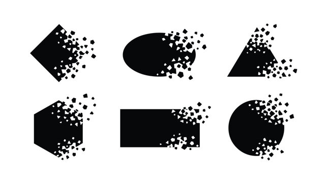 Set of black geometric shapes like a circle and triangle dissolving into small particles, illustrating fragmentation or data loss.