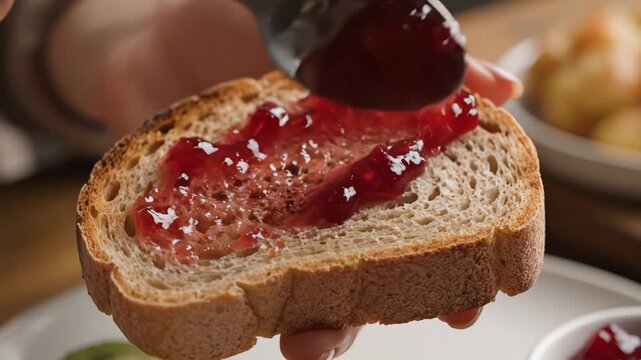 Toasted bread with jam being spread