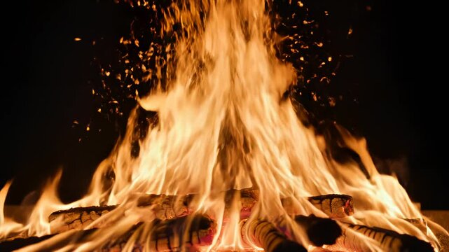 Wood burning in a fire with flames