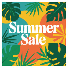 Obraz premium Summer Sale text with tropical leaves and abstract shapes