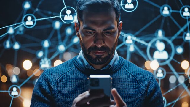 Man using smartphone with network icons