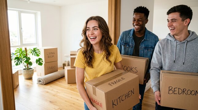Young friends moving boxes into new apartment and smiling together  