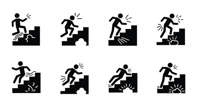 People running up and down stairs in a simple black pictogram style